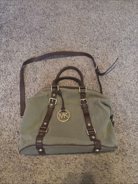 Michael Kors Handbags - Michael Kors Olive Canvas Messenger with Brown Leather Trim